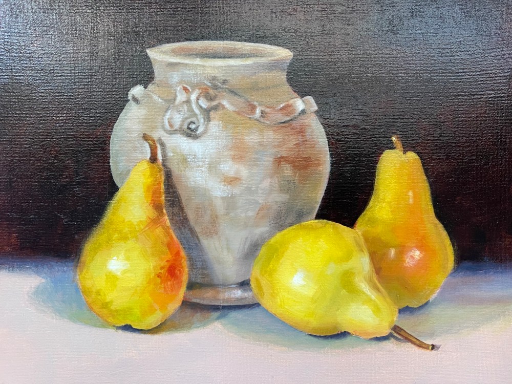 Oil painting of Three Pears and a Pot