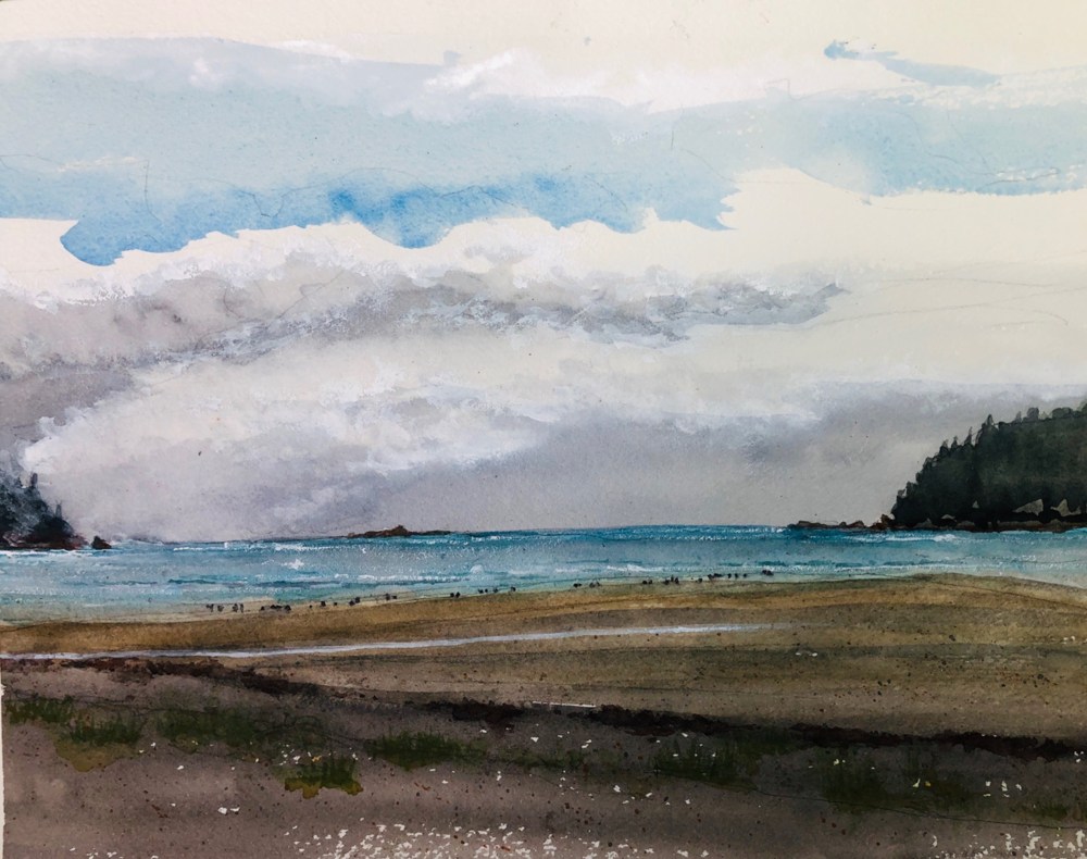 Watercolour painting of Incoming Fog at Pechena Bay