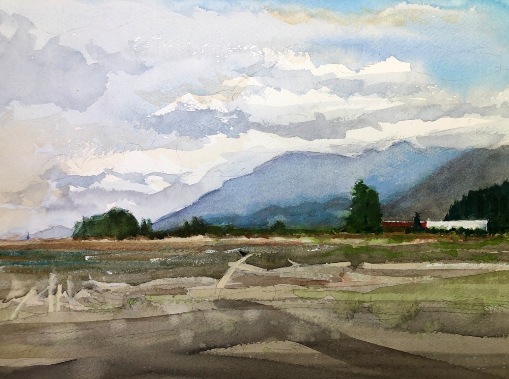 Watercolour painting of a Spring Low Tide at Iona Beach
