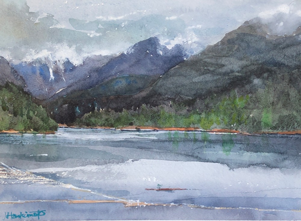 Watercolour painting of Capilano Lake in Early May
