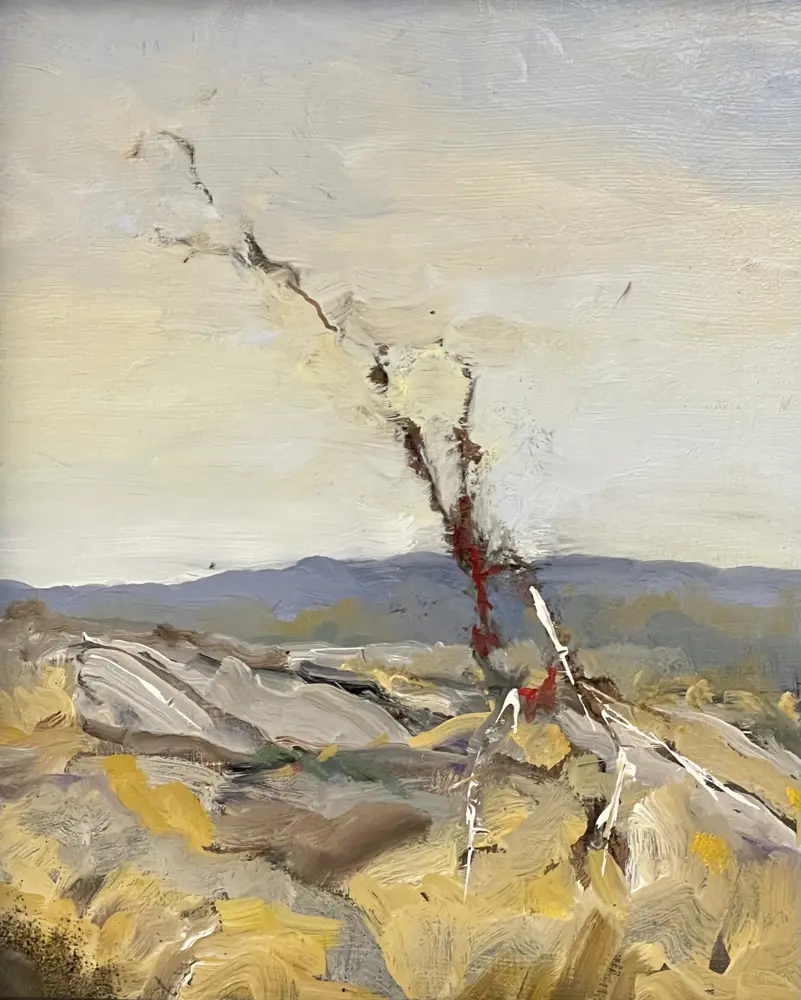 Oil painting of a Defiant tree growing on a rock bluff