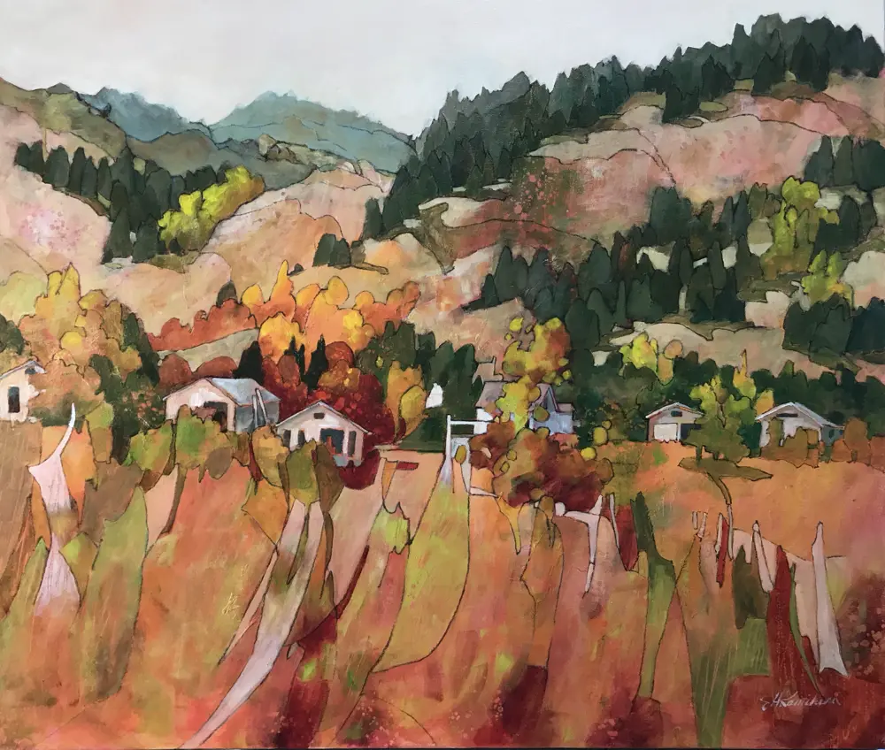 Acrylic painting of the BC Interior with houses