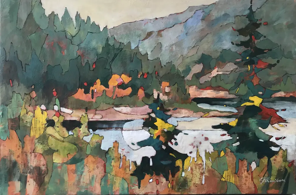 Acrylic painting of a lake, mountains, trees