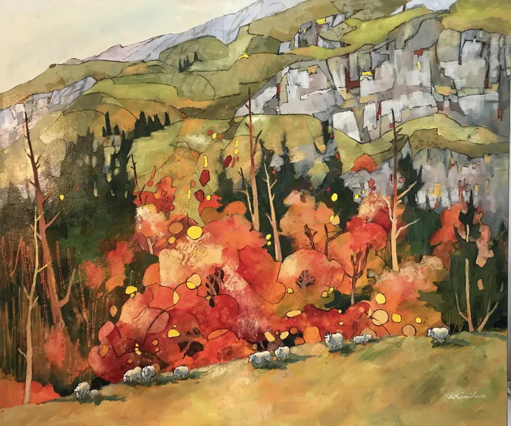 Acrylic painting of autumn trees in the alps