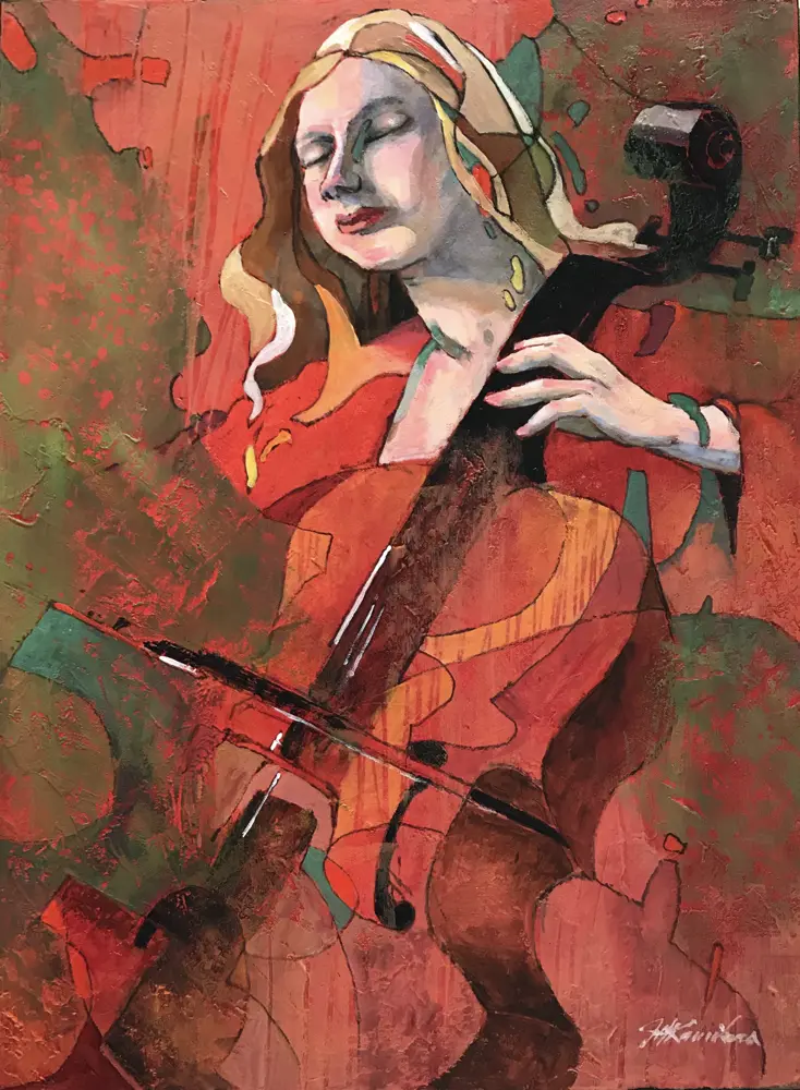 Acrylic painting of a women playing a chello