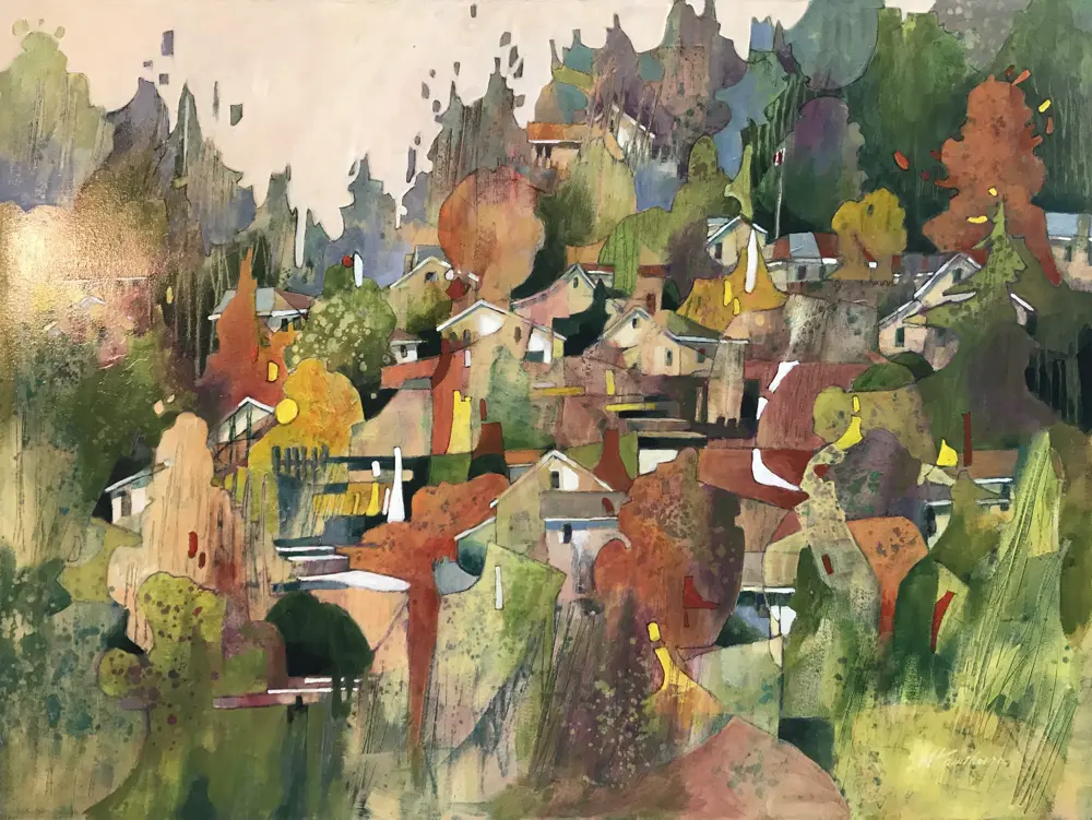 Acrylic painting of hillside houses