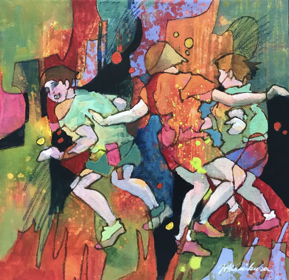 Acrylic painting of three children playing