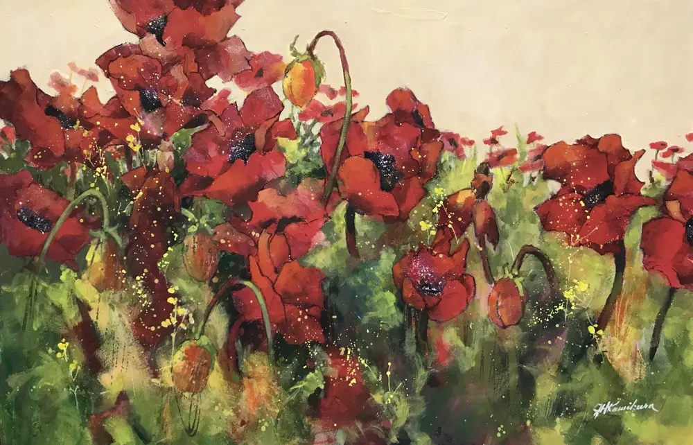 Acrylic painting of a red poppies in a field
