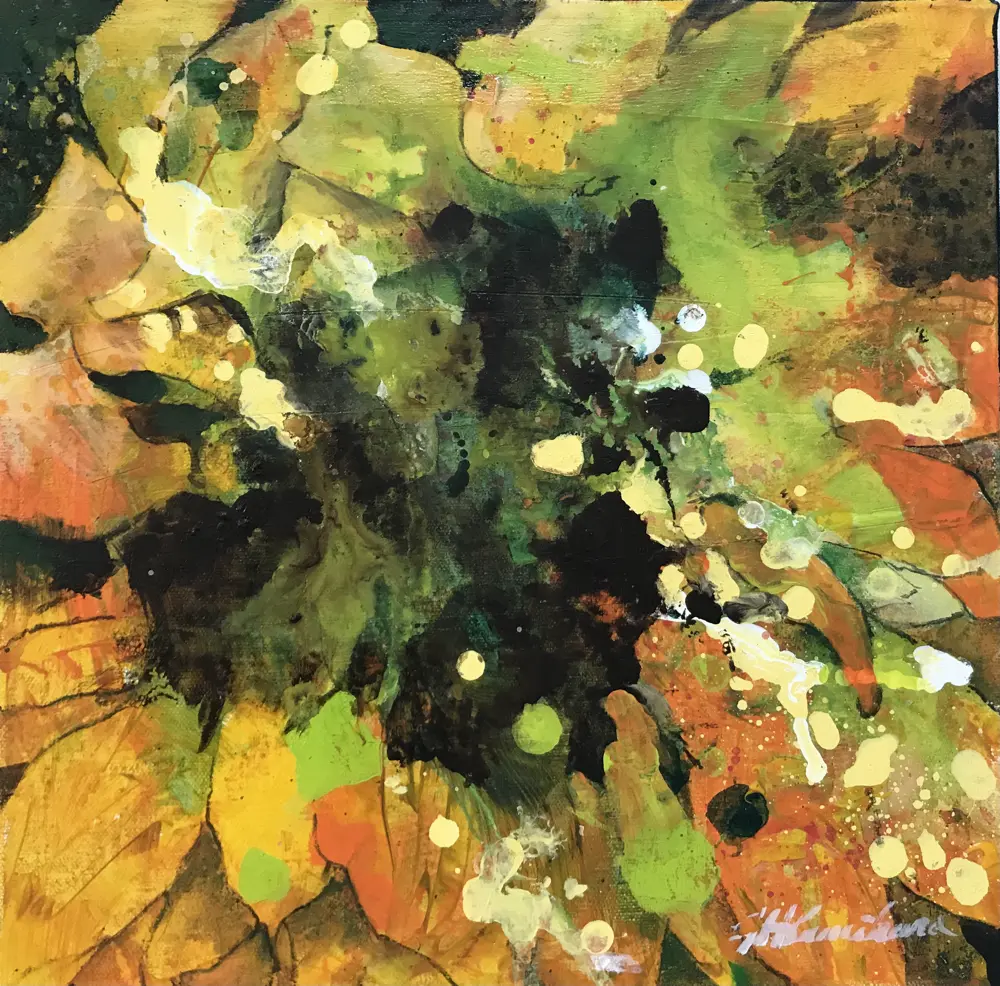 Acrylic painting of a gust of wind on a sunflower