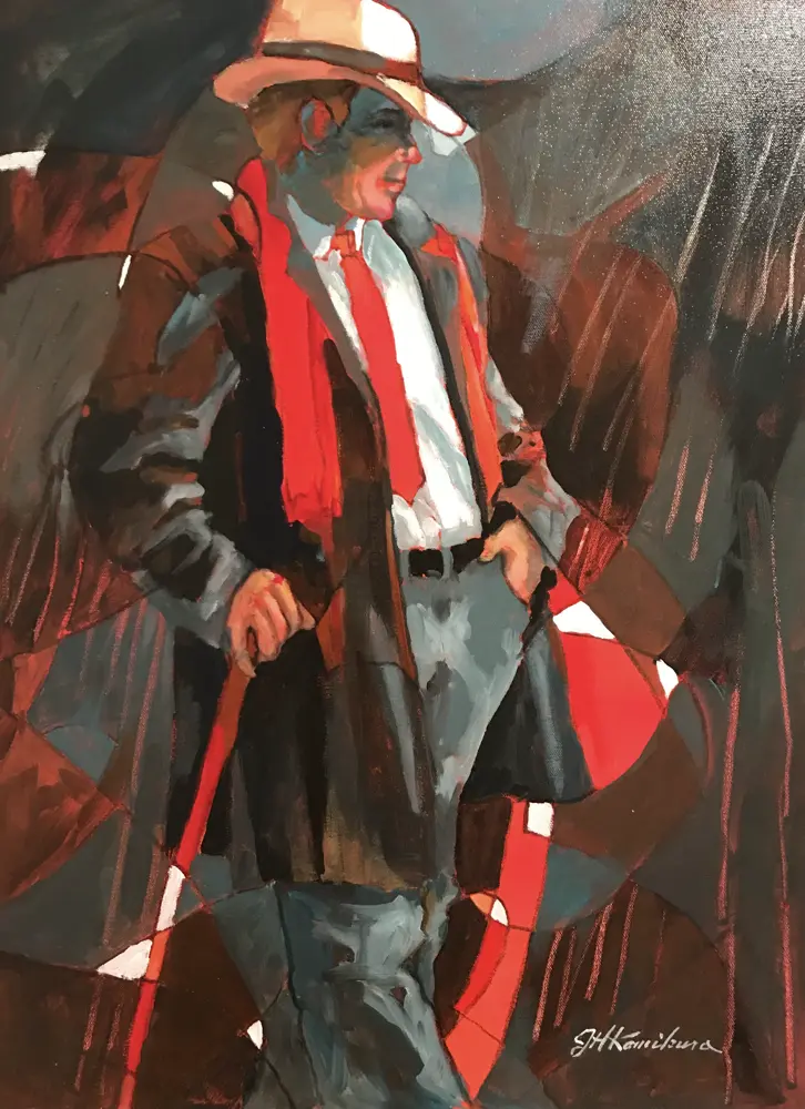 Acrylic painting of a man with a hat and a red scarf