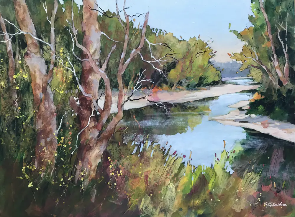 Acrylic painting of a river and a river bank and trees