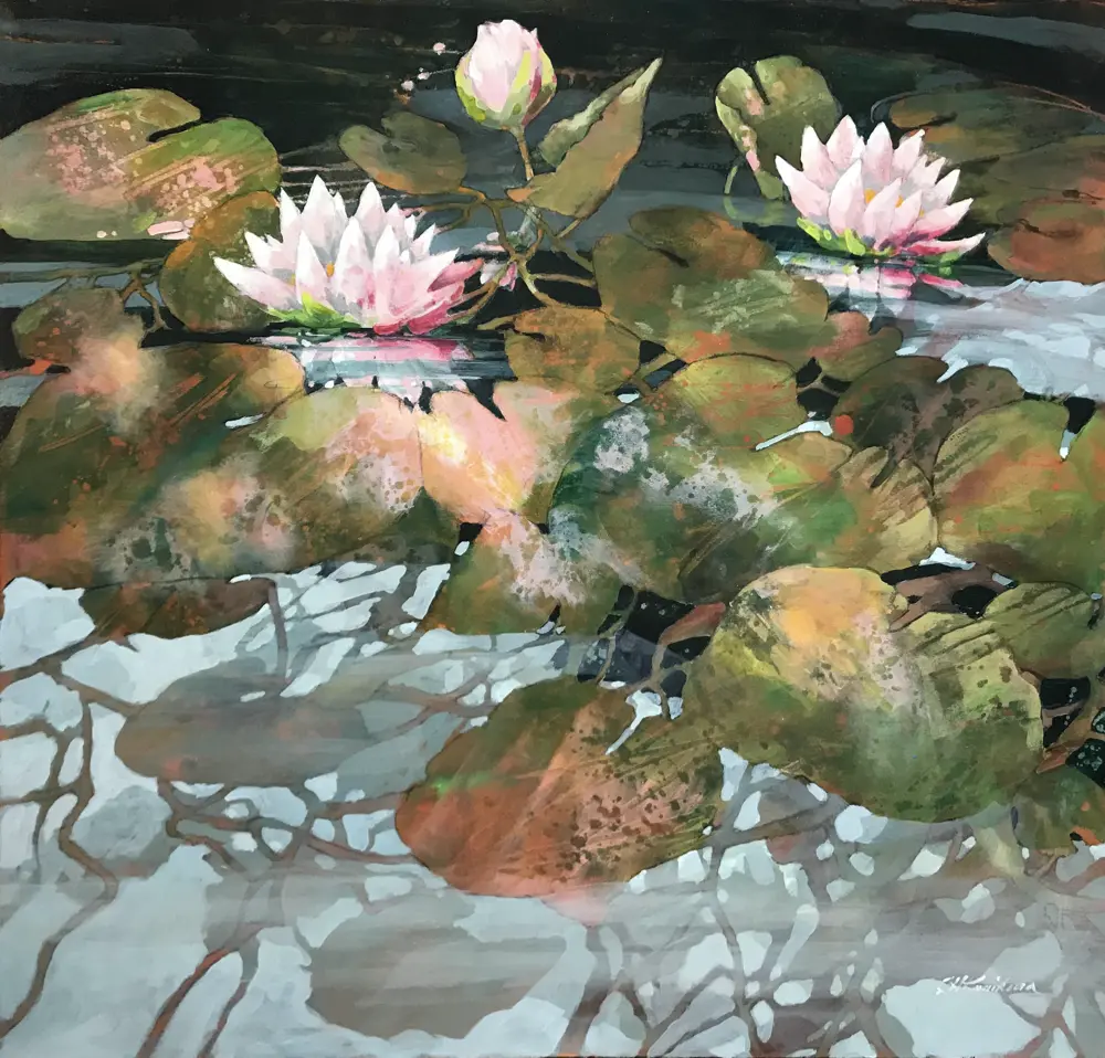 Acrylic painting of waterlilies
