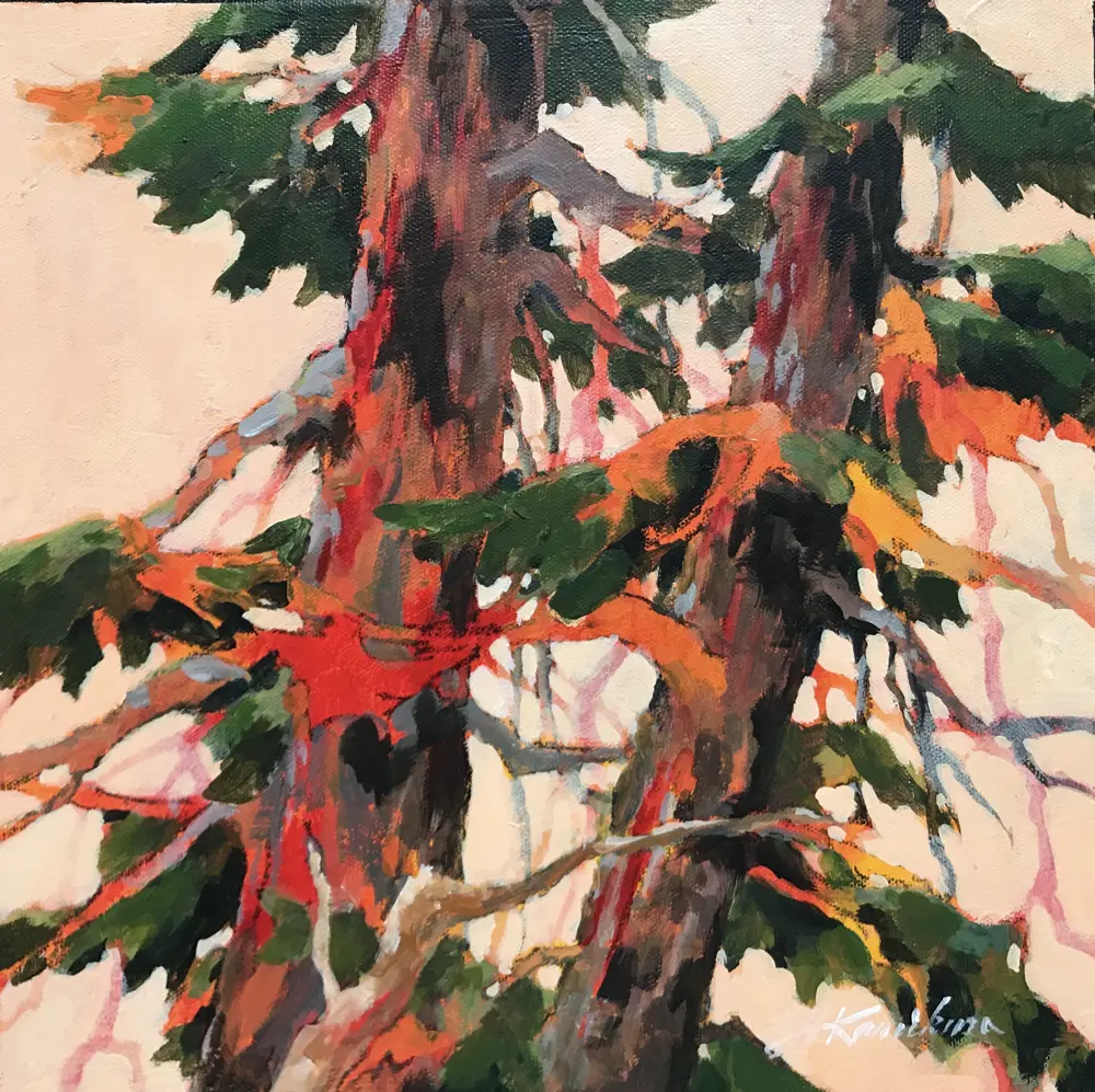 Acrylic painting of a setting sun on two trees