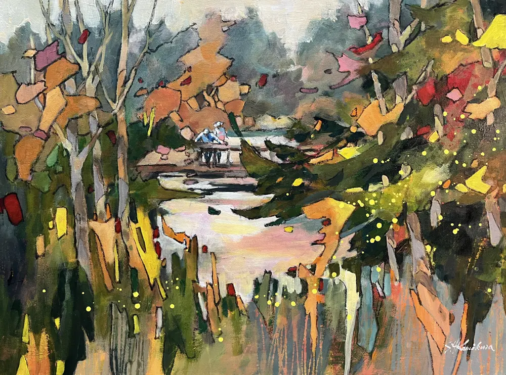 Acrylic painting of a couple on a bridge