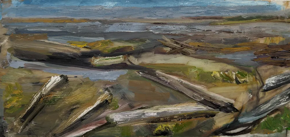 oil on paper painting of a Driftwood logs in foreground