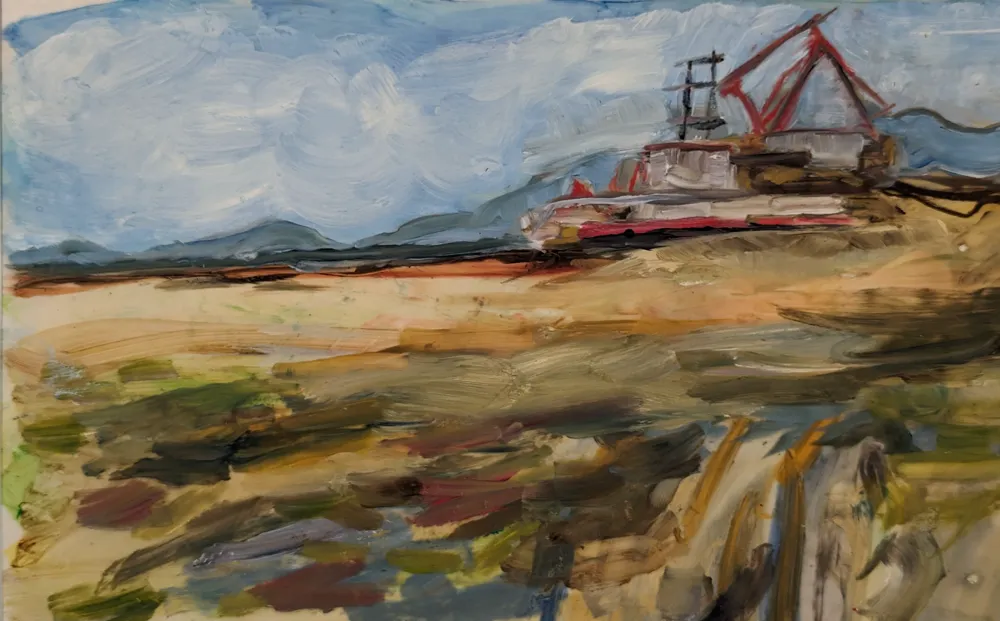 oil on mylar painting of a Boat on the river in top right