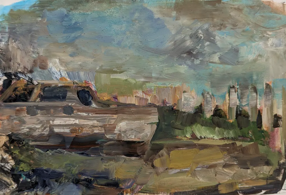 oil on paper painting of a boat with a round window in front