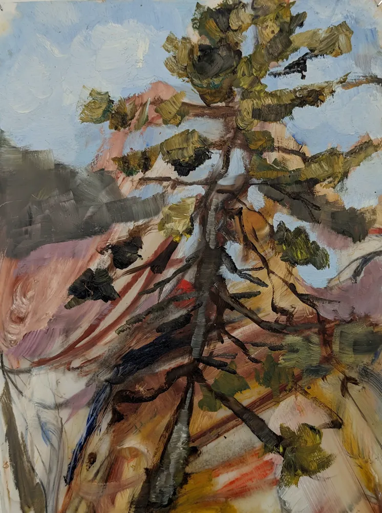 oil on paper painting of a One leaning tree