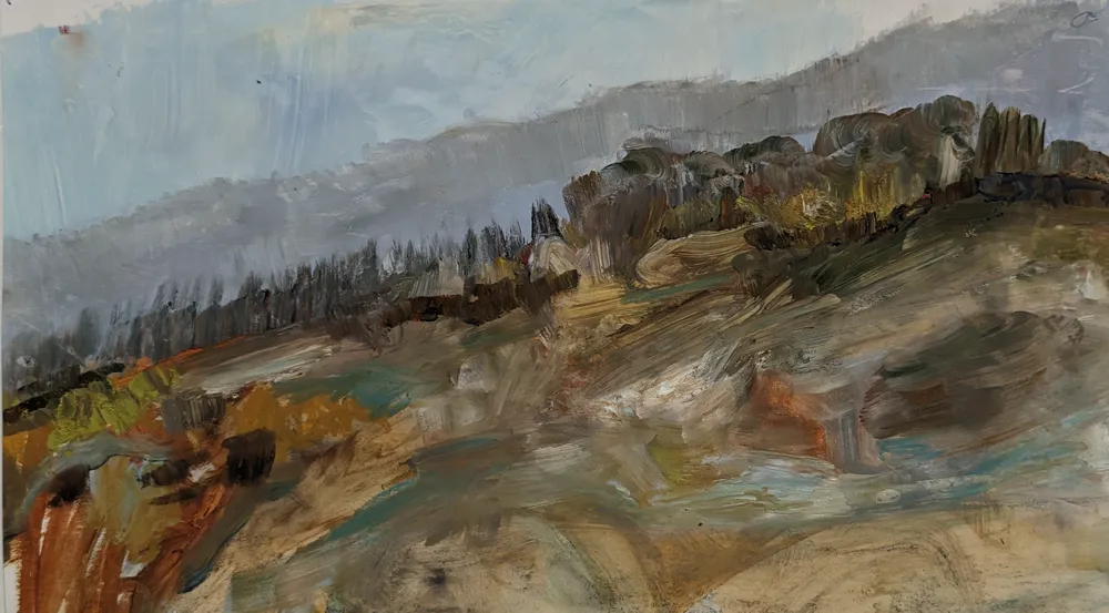 oil on paper painting of a Grey and brown hillside