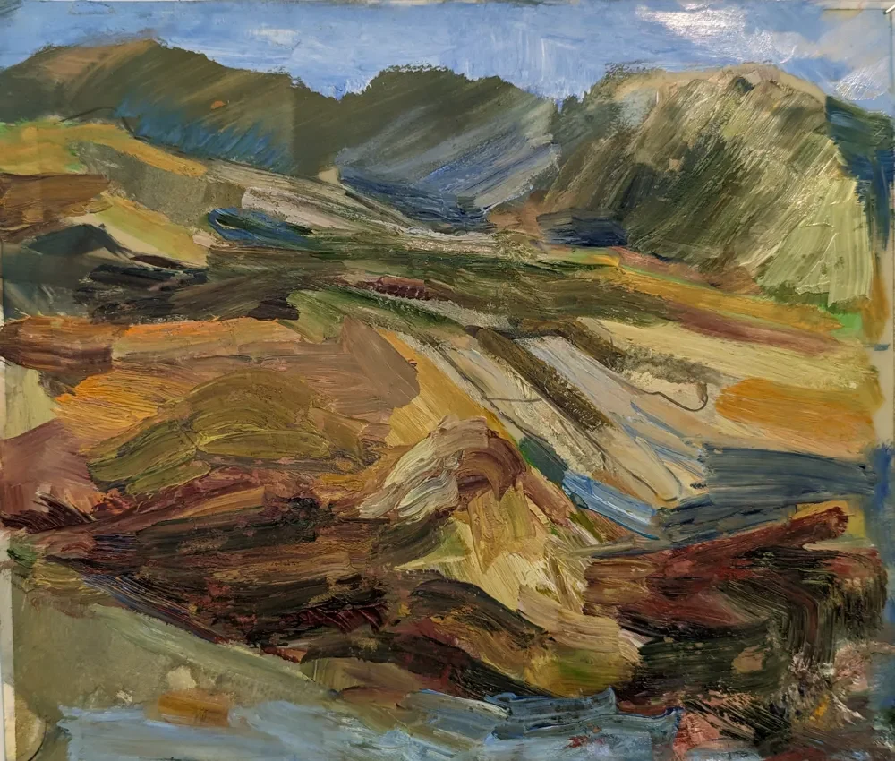 oil on paper painting of a Multi coloured hills