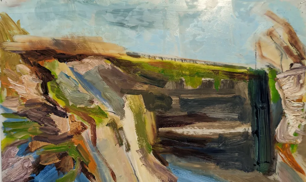 oil on paper painting of a Canyon with stream