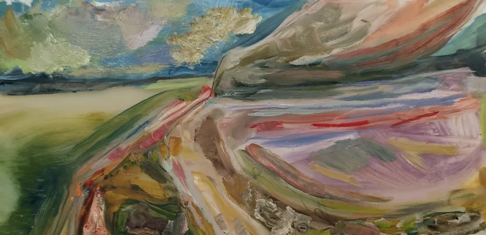 oil on mylar painting of swirling colour landscape