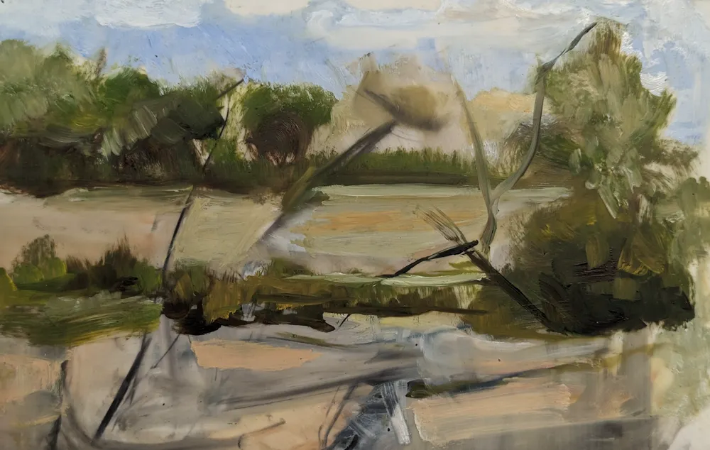 oil on mylar painting of a Blurry tree branches with tree to right