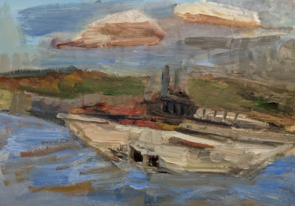 oil on paper painting of a boat with hole
