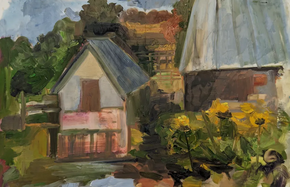 oil on paper painting of a building and yellow flowers