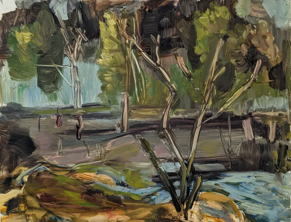 oil on mylar painting of multiple tree branches
