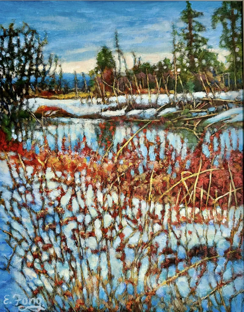 Acrylic-impressionistic painting of a Winter scene with red berries.