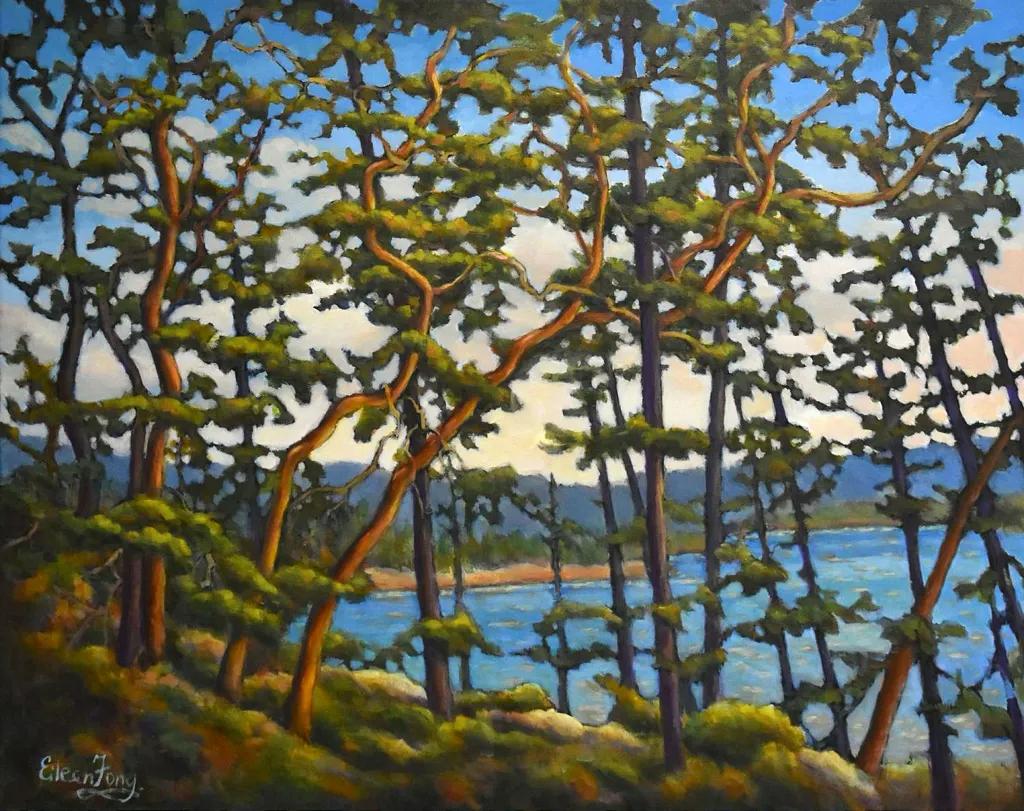 Acrylic, impressionistic painting of an Arbutus Trees along the Coast