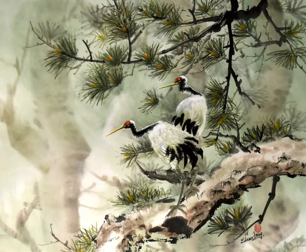Watercolour on Ricepaper-Chinese brush painting painting of Cranes in Pine Tree