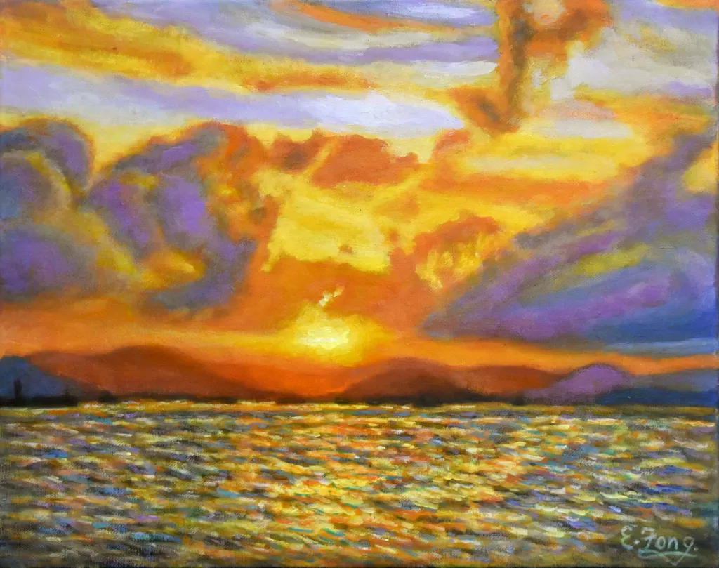 Acrylic, impressionistic painting of a Sunset over the Sea, Hong Kong