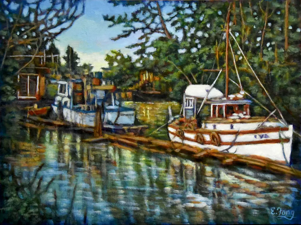 Acrylic, impressionistic painting of Fishing boats at Finn Slough, Richmond, B.C.