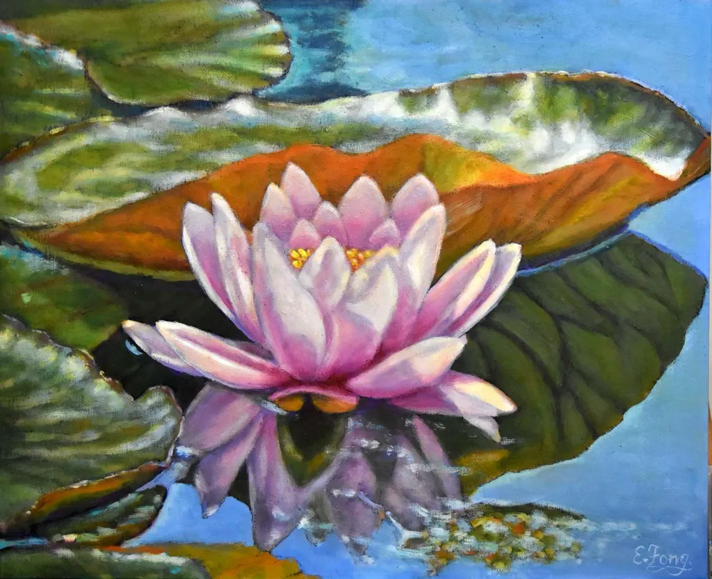 Acrylic, impressionistic painting of a Waterlily in the sunlight