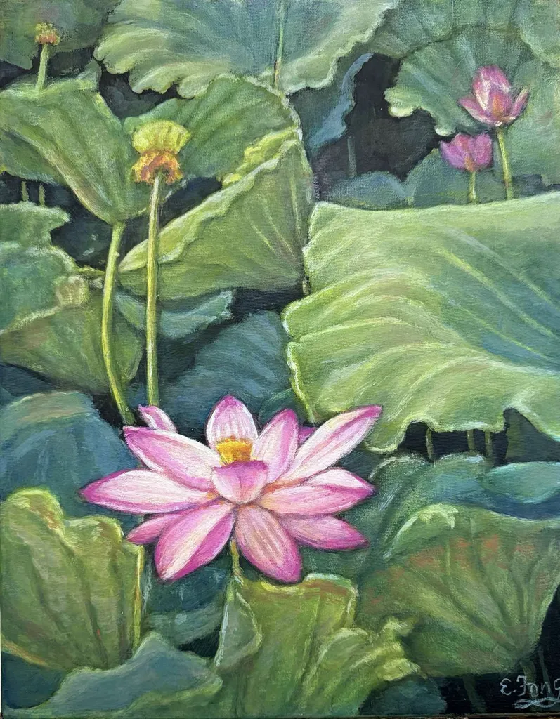 Acrylic, impressionistic painting of a Lotus pond