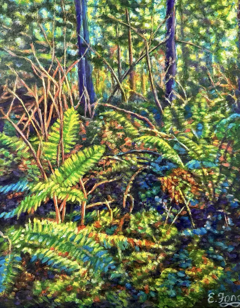 Acrylic, impressionistic painting of a B.C. Forest