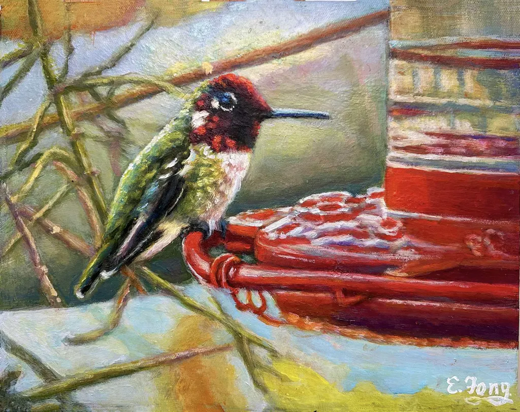 Acrylic, impressionistic painting of a Hummingbird in winter, B.C.