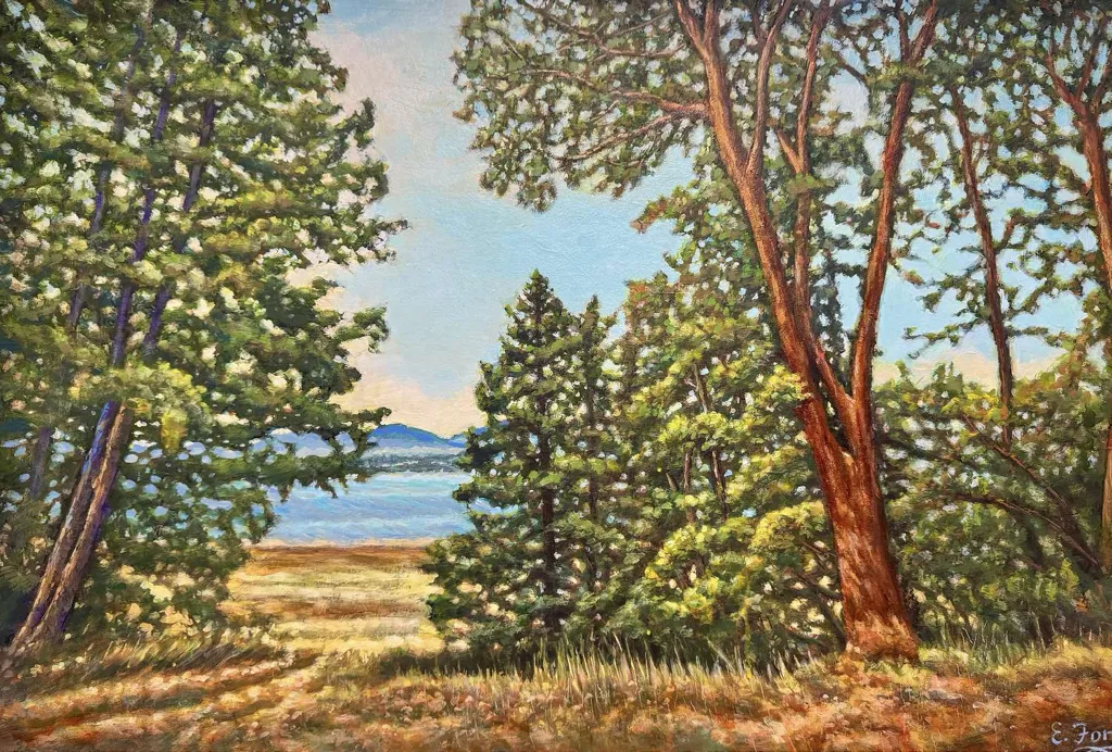 Acrylic, impressionistic painting of an Arbutus Trees on the shore of B.C.