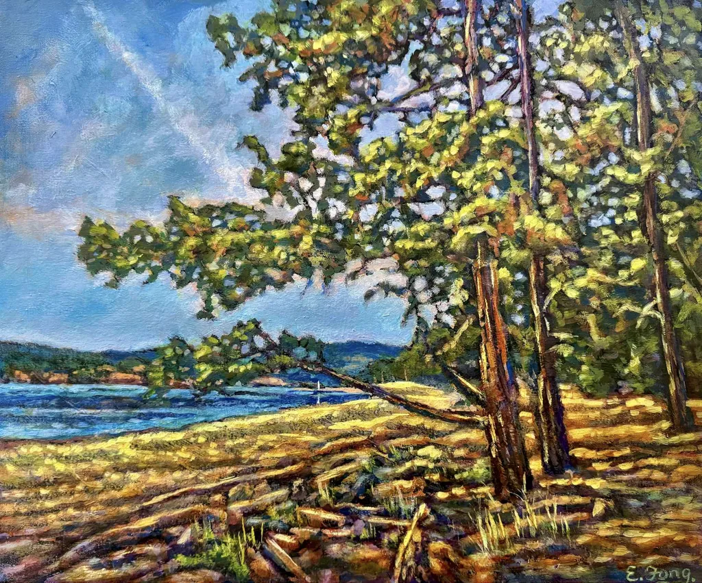 Acrylic, impressionistic painting of Trees along the beach in B.C.
