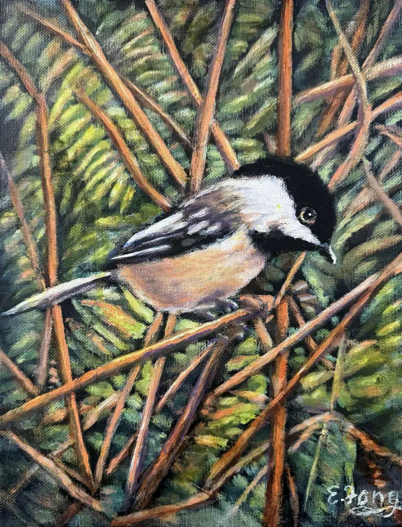 Acrylic, impressionistic painting of a Chickadee in the Woods of B.C.