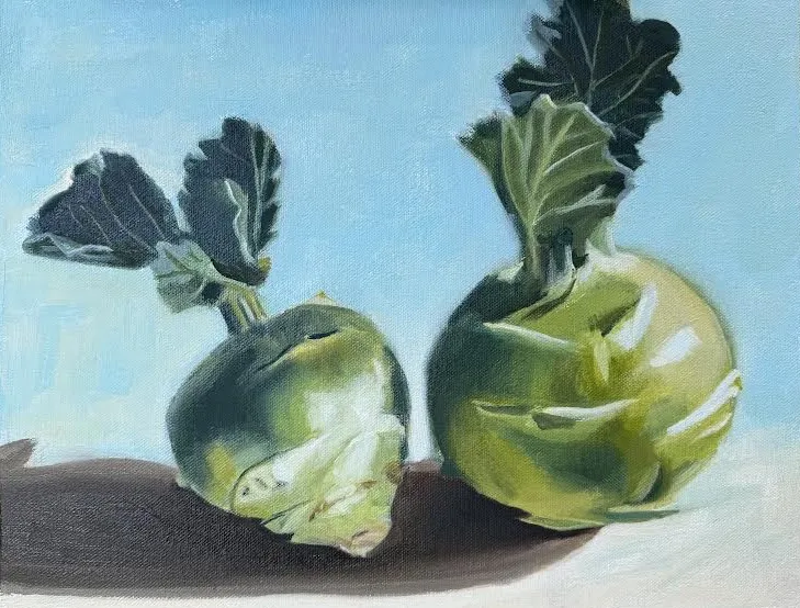 Oil on stretched canvas painting of a Kohlrabi