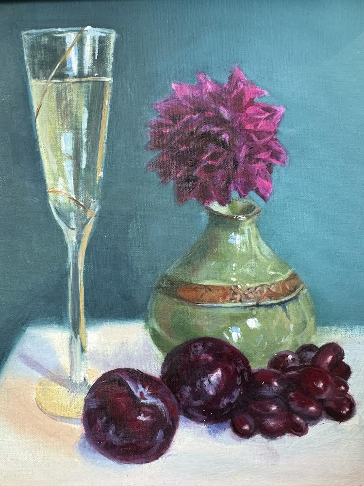 Oil on linen birch panel painting of a Plums