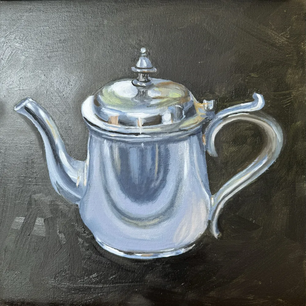 Oil on stretched canvas painting of a Silver Teapot